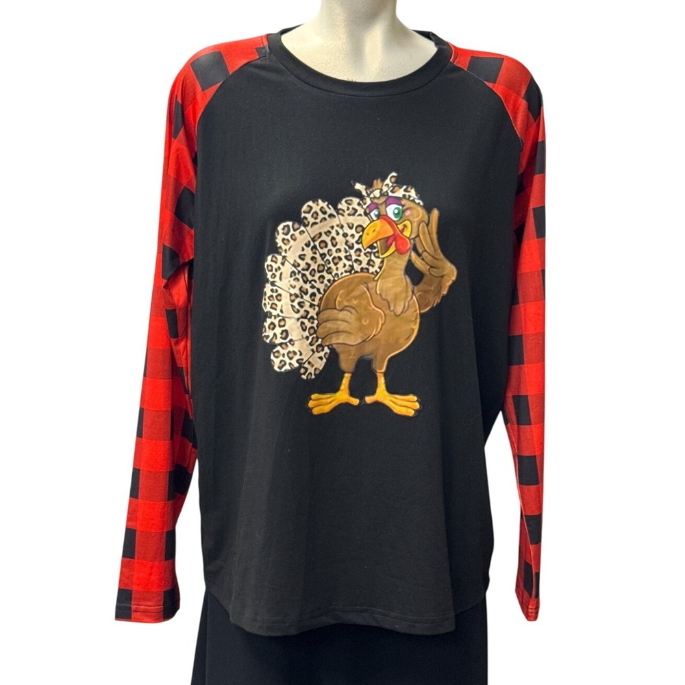 Black and Red Check Long Sleeves Unisex Sweatshirt L Turkey w/ Leopard‎ Feathers